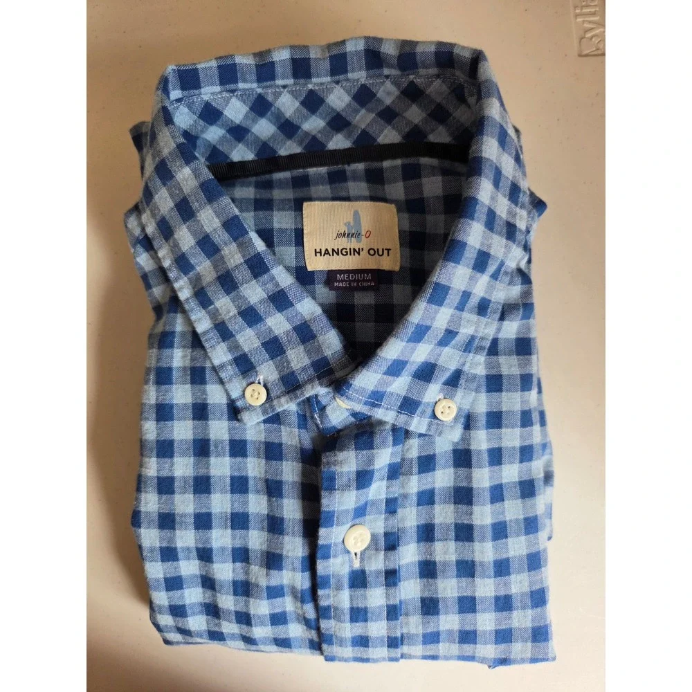 Johnnie-O Hangin Out Mens Blue Gingham Button Down Shirt Gator Creek Logo Medium